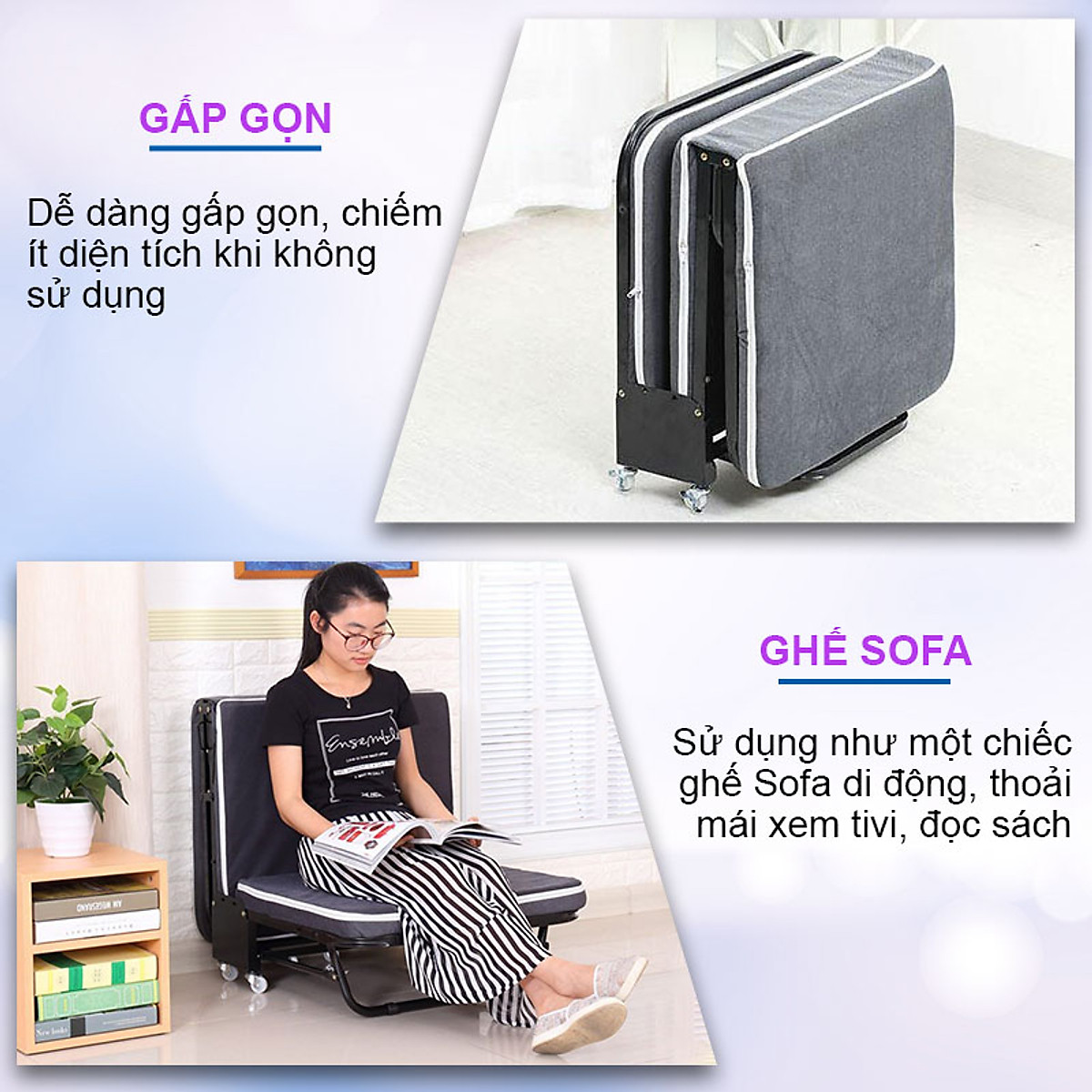 Giường gấp đa năng gấp gọn NIKITA, khung thép sơn tĩnh điện, xếp gọn thành ghế sofa, có bánh xe