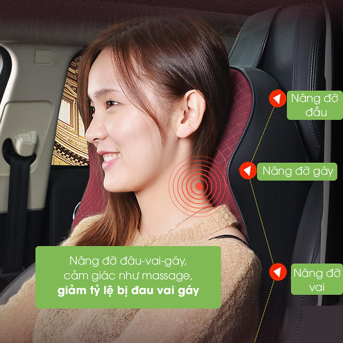 Gối tựa đầu xe ô tô cao su non, gối tựa lưng ô tô cao cấp kê cổ tựa lưng ghế ô tô, massage vai gáy phụ kiện xe hơi Tâm Luân