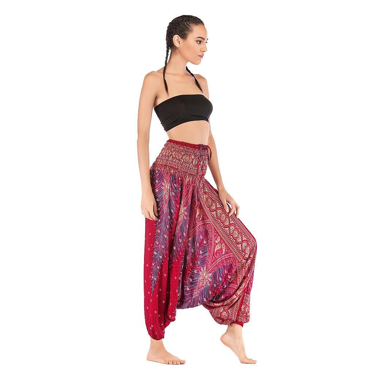 Amazon.com: Yanekop Womens Harem Hippie Pants Boho Yoga Clothing Smocked  Waist Palazzo Beach Pants(Beige Peacock,S) : Clothing, Shoes & Jewelry