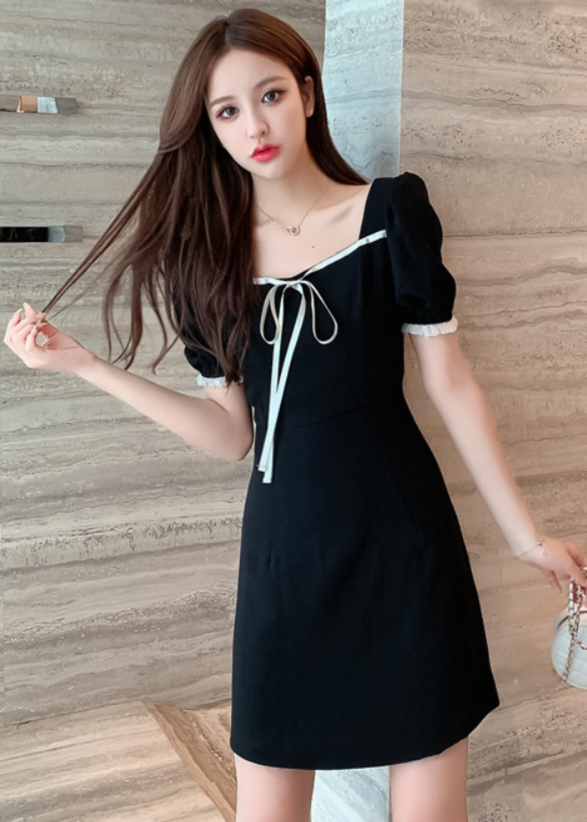 Đầm Ngắn Dễ Thương Nơ Trắng Và Viền Tay DN087 MayHomes Kiểu Dáng Thời Trang