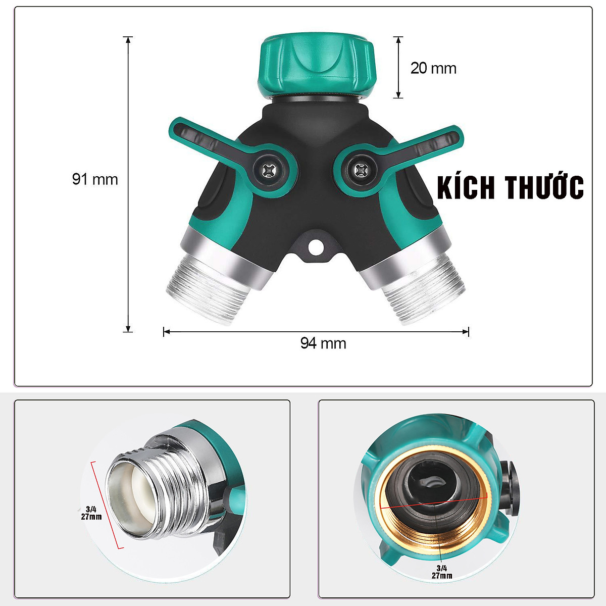Van chia nước chia 2 chữ Y 2 đầu ra, 2 khóa van độc lập, phi 27mm ¾, đầu nối ống nước chia 2