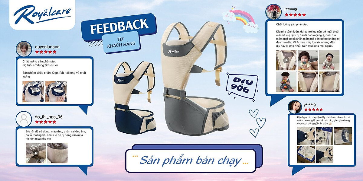 Địu ngồi trẻ em 4 tư thế lưới siêu thoáng Air mesh siêu thoáng Royalcare - 906 - cho bé 3 tháng tới 36 tháng - tặng khăn yếm cho bé