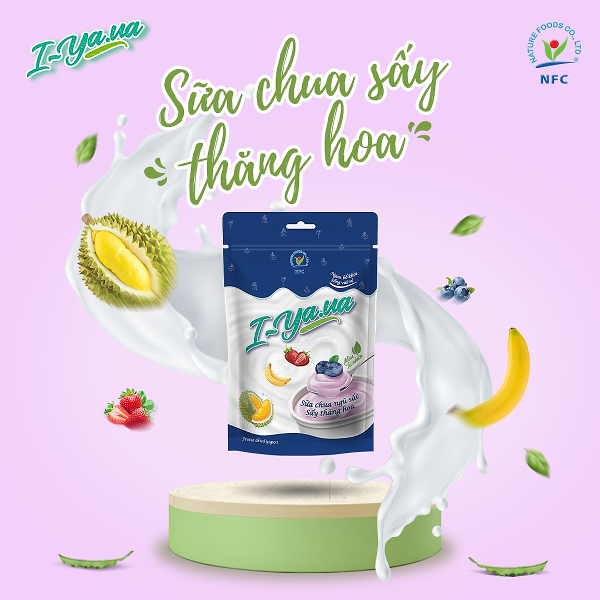 Sữa chua sấy thăng hoa I.Yaua túi 25g mix 05 vị (việt quất, sầu riêng, chuối, dâu và truyền thống)