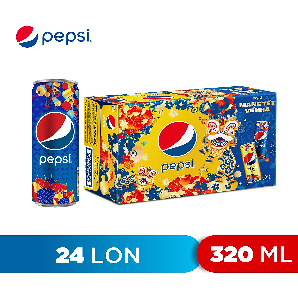 Thùng 24 Lon Nước Ngọt Có Gaz Pepsi lon xanh (320ml/lon)