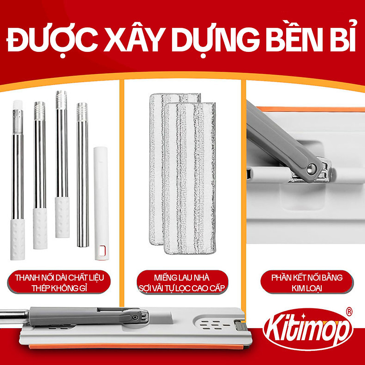 Bộ Cây Lau Nhà KITIMOP PRO MAX - Thùng Lau Nhà Tự Vắt Thông Minh, Chổi Lau Nhà Xoay 360 Độ, Lau Sàn Làm Sạch