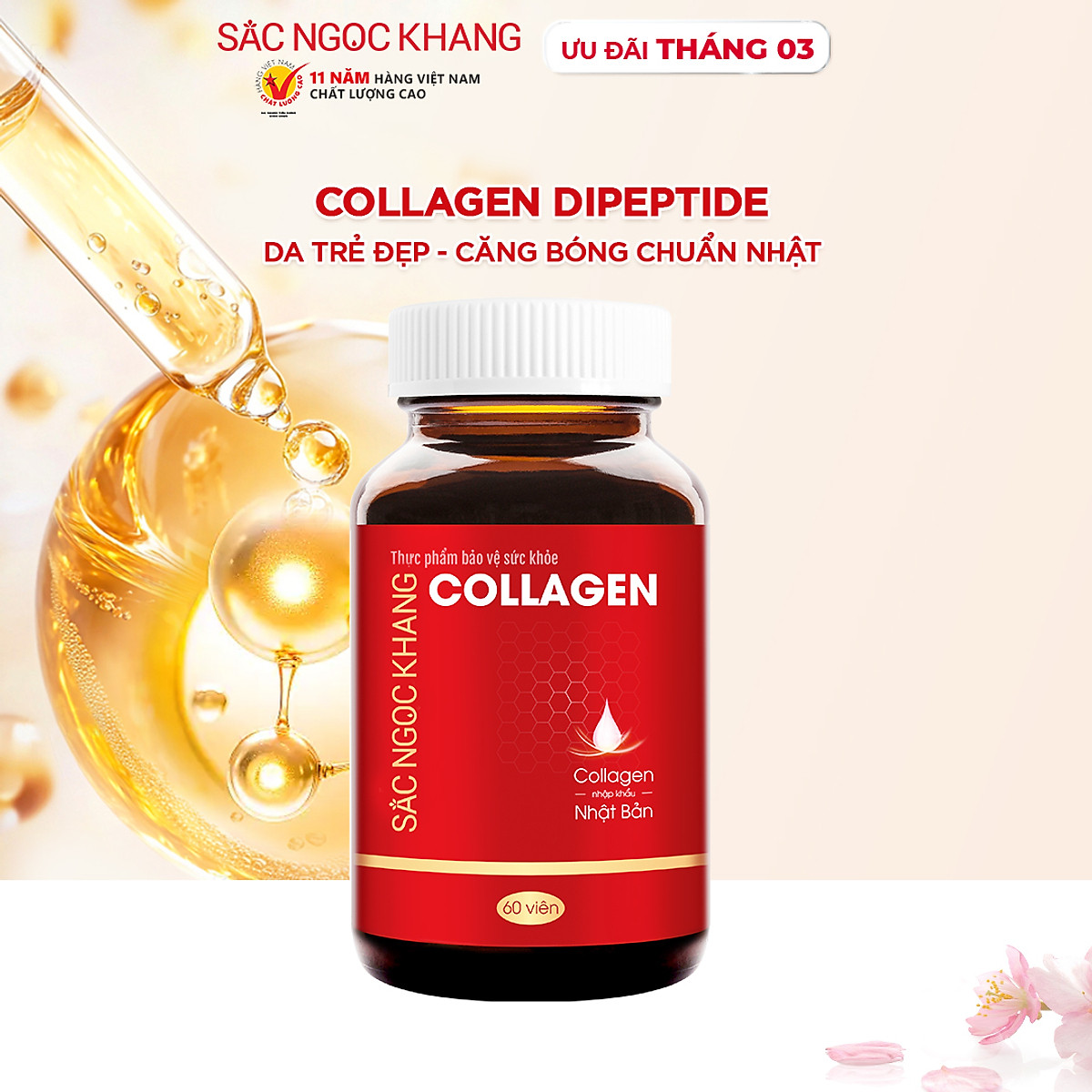 Viên uống Collagen Sắc Ngọc Khang thế hệ mớI Hộp 60 viên giúp sáng da, giảm nếp nhăn - đốm nâu, nuôi dưỡng và làm đẹp da , tóc, móng