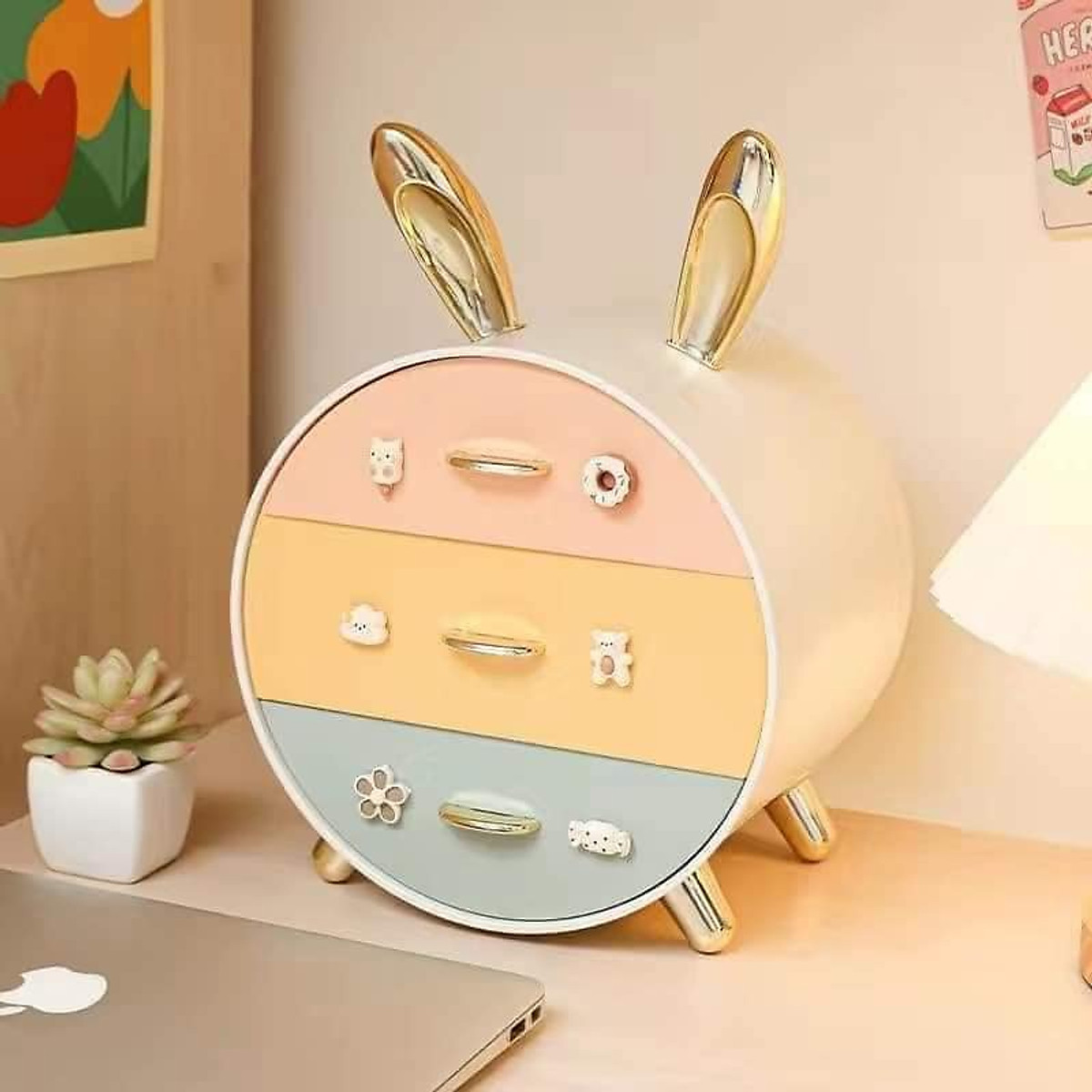 Kệ Đựng Mỹ Phẩm Kệ Đựng Đồ Trang Điểm Đựng Đồ Cá Nhân 3 Ngăn Hình Tai Thỏ Đa Năng Tiện Lợi Để Bàn