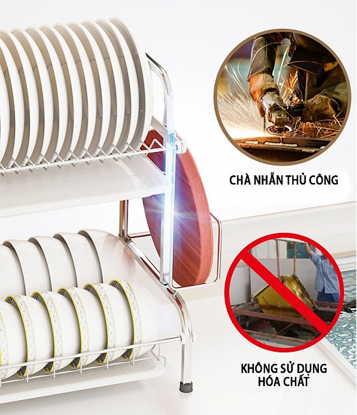 Kệ Úp Chén Bát Đĩa INOX 304 Kèm Khay Hứng Nước Giá Khô Ráo Trên Bàn Bếp