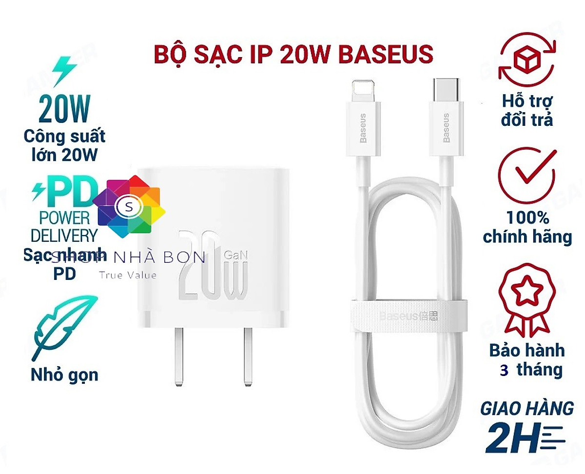 Bộ Cốc sạc và Cáp sạc nhanh Baseus Super Si PD 20W CCCJGCC for iPhone 12 (Hàng chính hãng)
