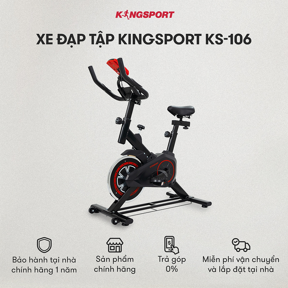 Xe đạp tập KINGSPORT KS-106 khung, khung sườn chắc chắn, tích hợp đồng hồ đo lường chỉ số, cân nặng phù hợp từ dưới 70kg