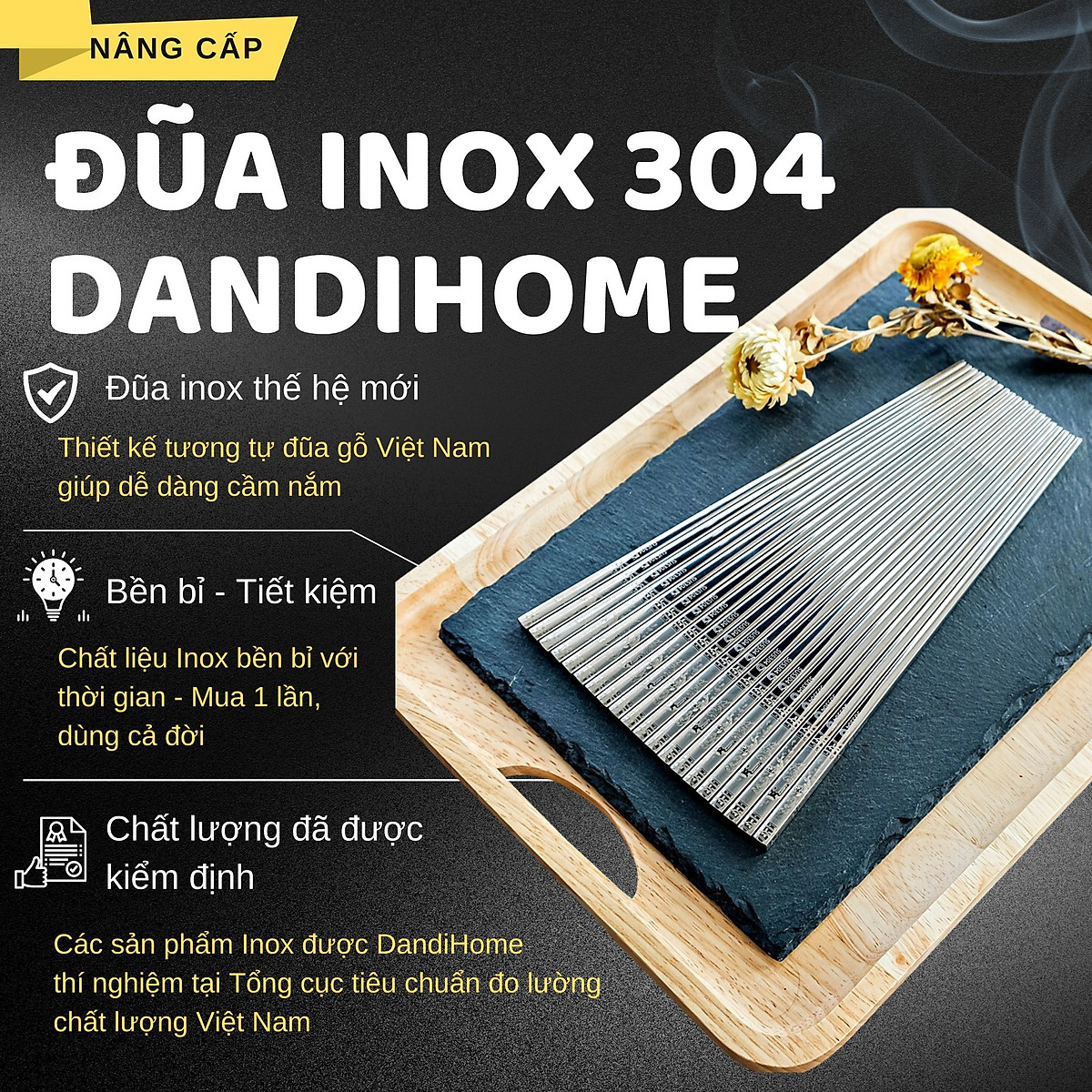 01 hộp đũa Inox 304 cao cấp DandiHome (10 đôi) chống trơn trượt