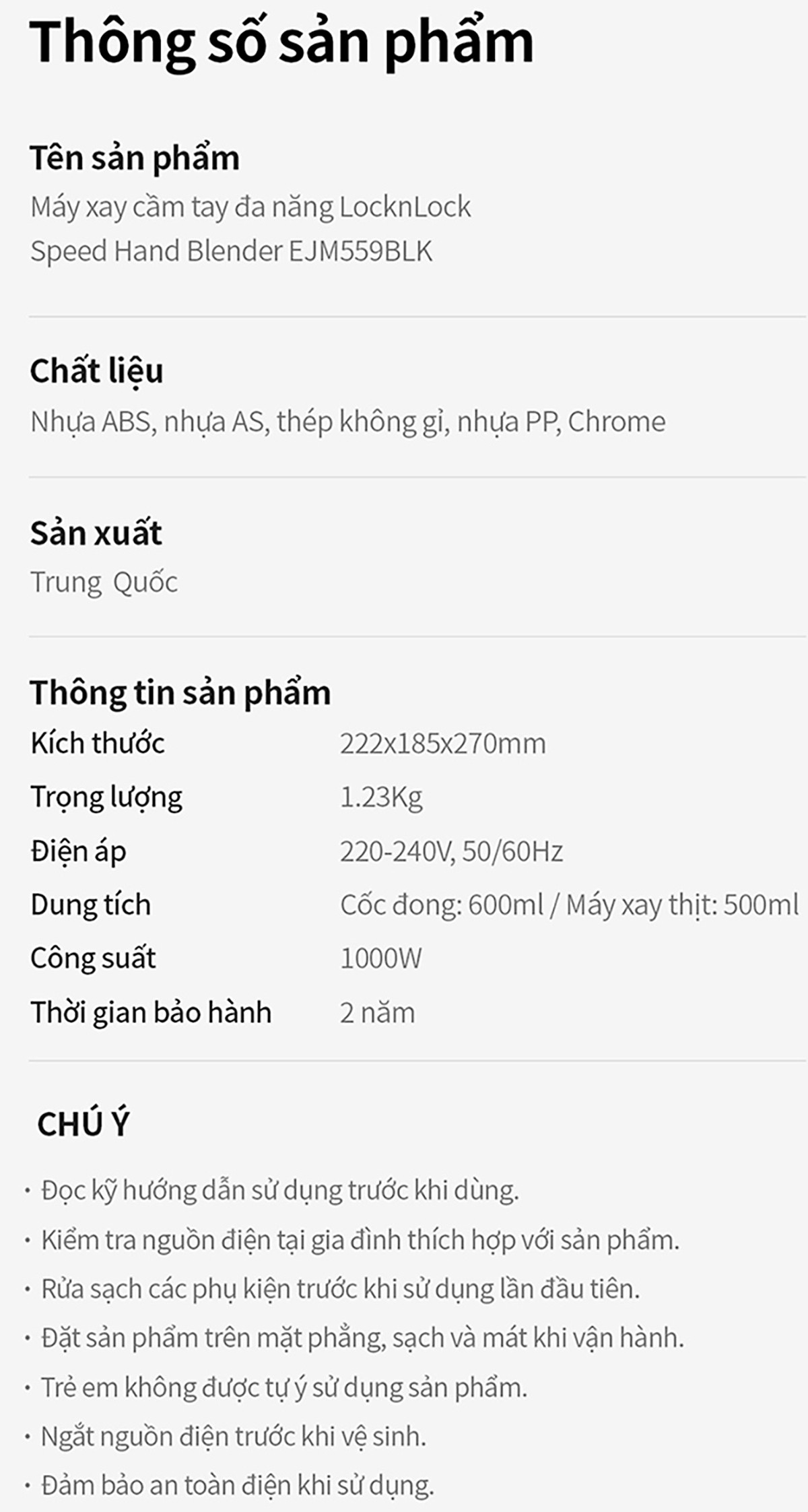 Máy xay cầm tay LocknLock - Hand Blender EJM559BLK (1000W) - Màu đen - Hàng chính hãng