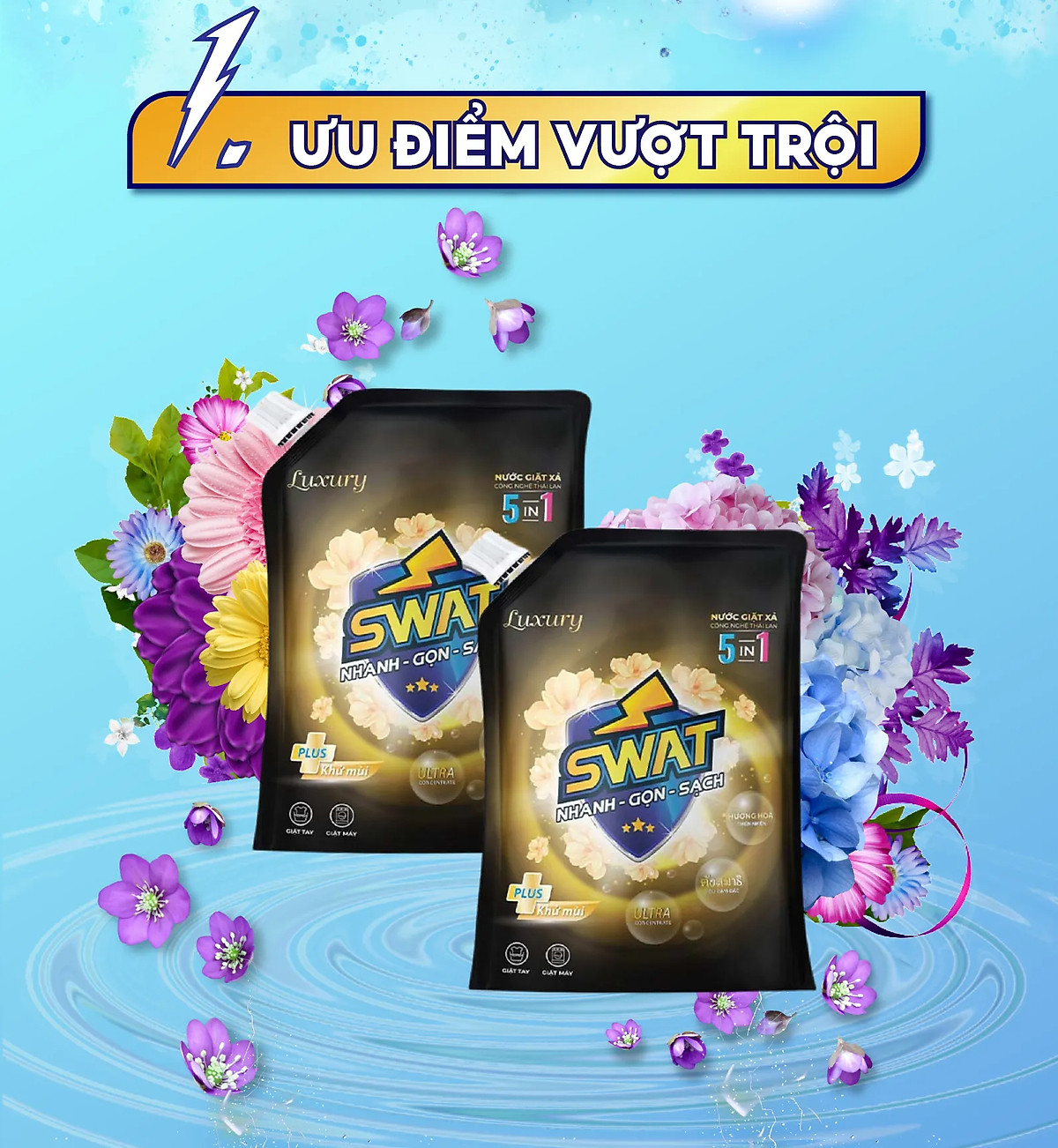 Nước Giặt Xả Swat 5 In 1 Hương Luxury Túi 3.5kg - Siêu Tiết Kiệm Giúp Diệt Khuẩn Lưu Hương Lâu