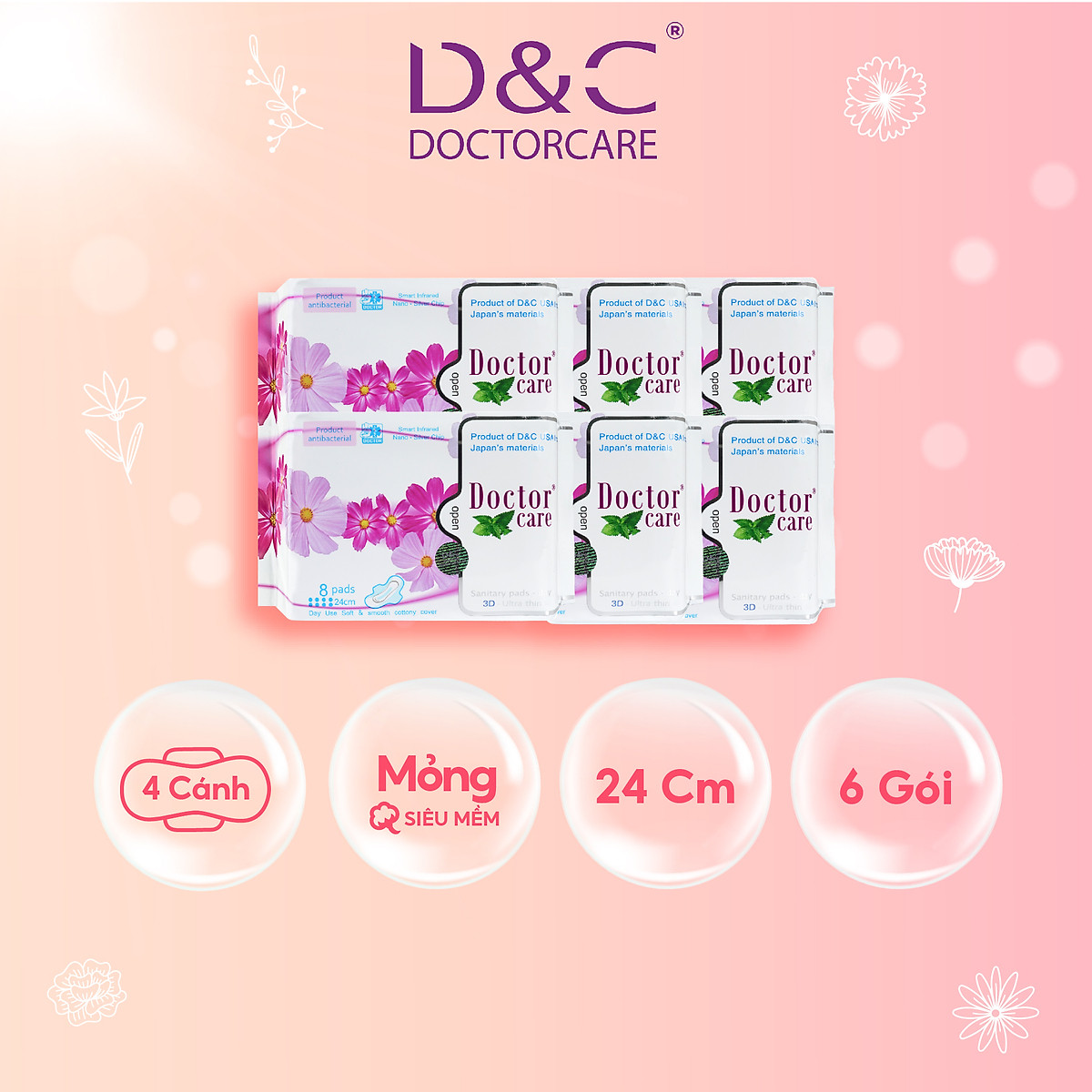 Combo 6 Băng vệ sinh thảo dược Doctor Care, BVS ban ngày 24cm siêu khô thoáng cả ngày dài