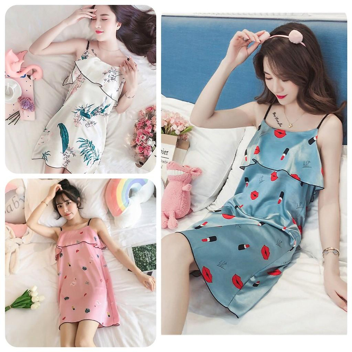 Váy ngủ phi lụa 2 dây hở lưng phối ren cao cấp