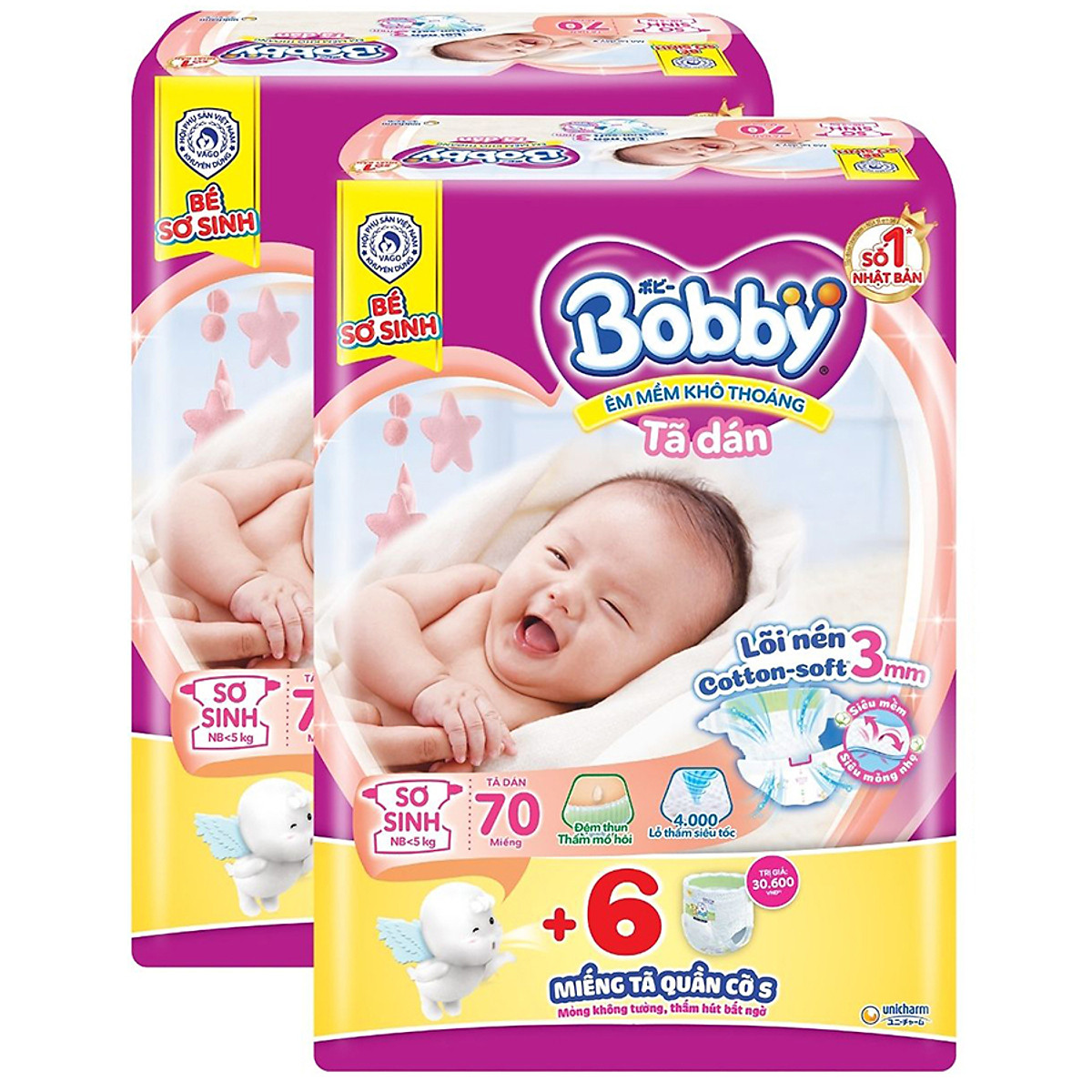 Combo 02 Tã Bobby Dán ST XS70 - tặng thêm 12 miếng tã quần size S