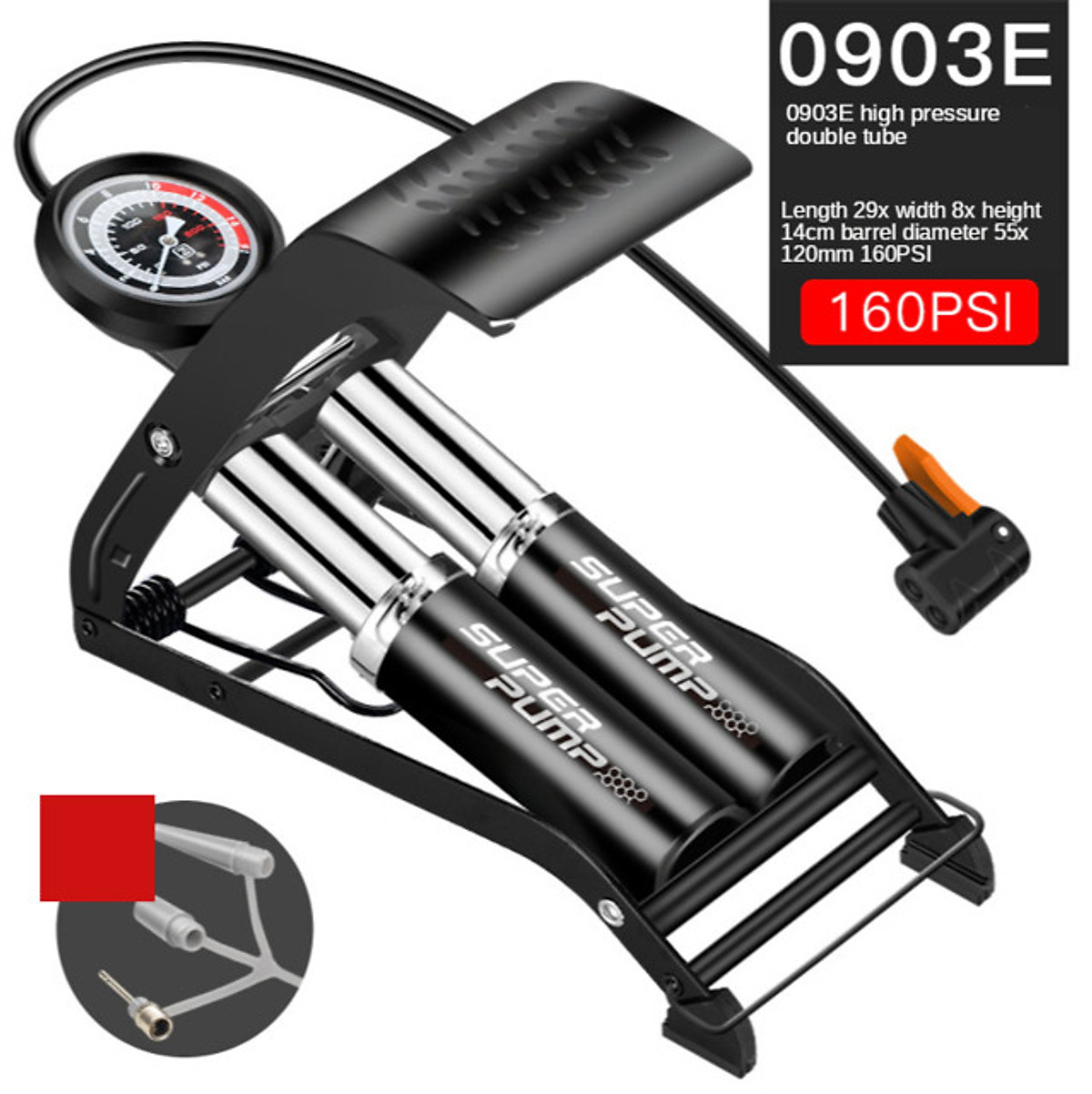 Bơm Đạp Chân 2 Nòng Xilanh 6 Bar 170 PSI Siêu Bơm Chất Lượng Cao Cho Xe Đạp, Xe Máy, Xe Ô tô, Xe Hơi Đa Năng Dễ Dàng Xếp Gọn Và Sử Dụng Tặng Kèm 3 Chốt Chân Lỗ Bơm Super Pump Mai Lee J055B
