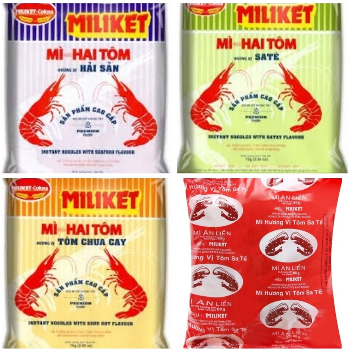 Thùng 30 Gói Mì Hai Tôm Vị Tôm Sa Tế Cao Cấp Miliket 75g