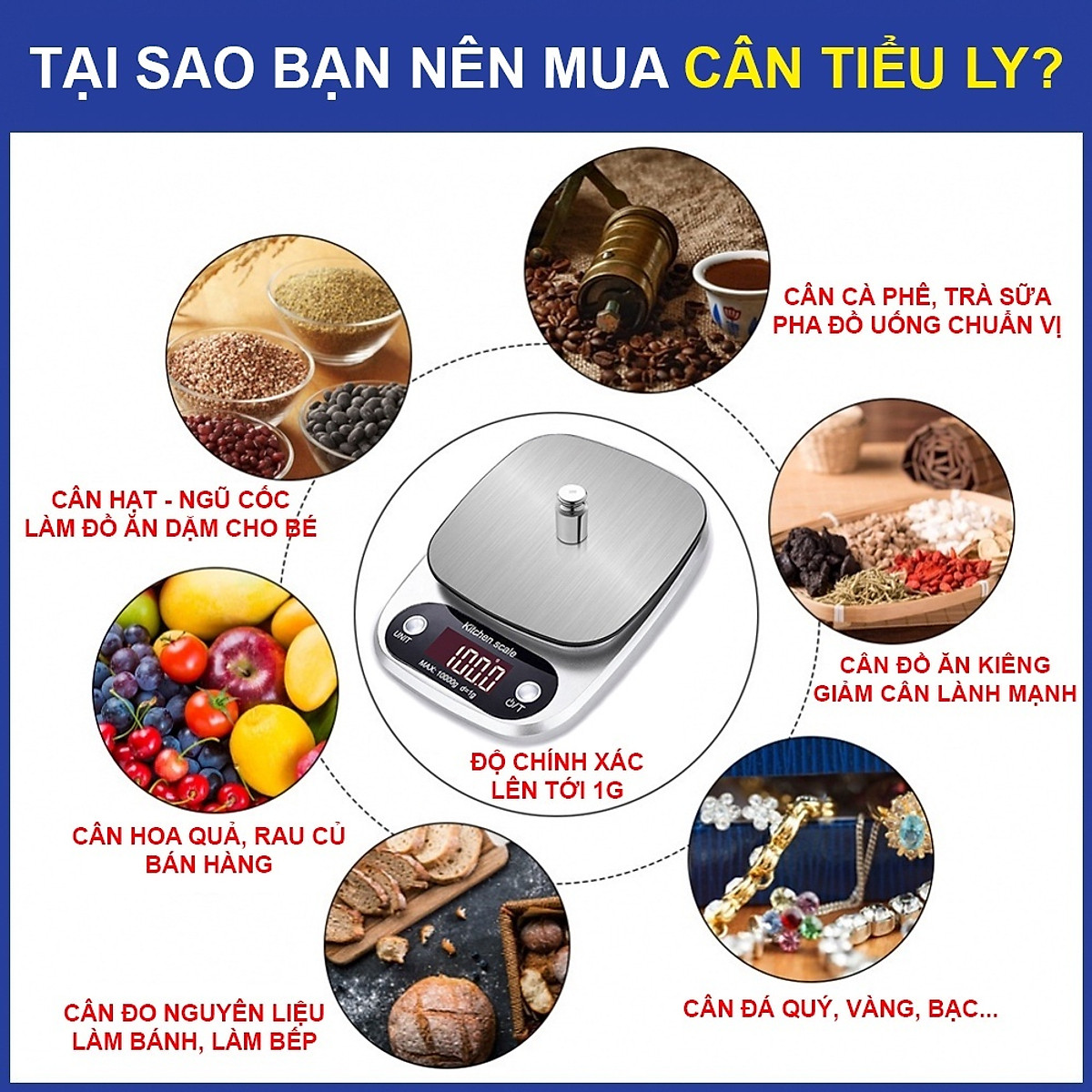Cân Tiểu Ly Điện Tử Nhà Bếp Mini Định Lượng 1g - 10kg, Cân Tiểu Li Làm Bánh Độ Chính Xác Cao