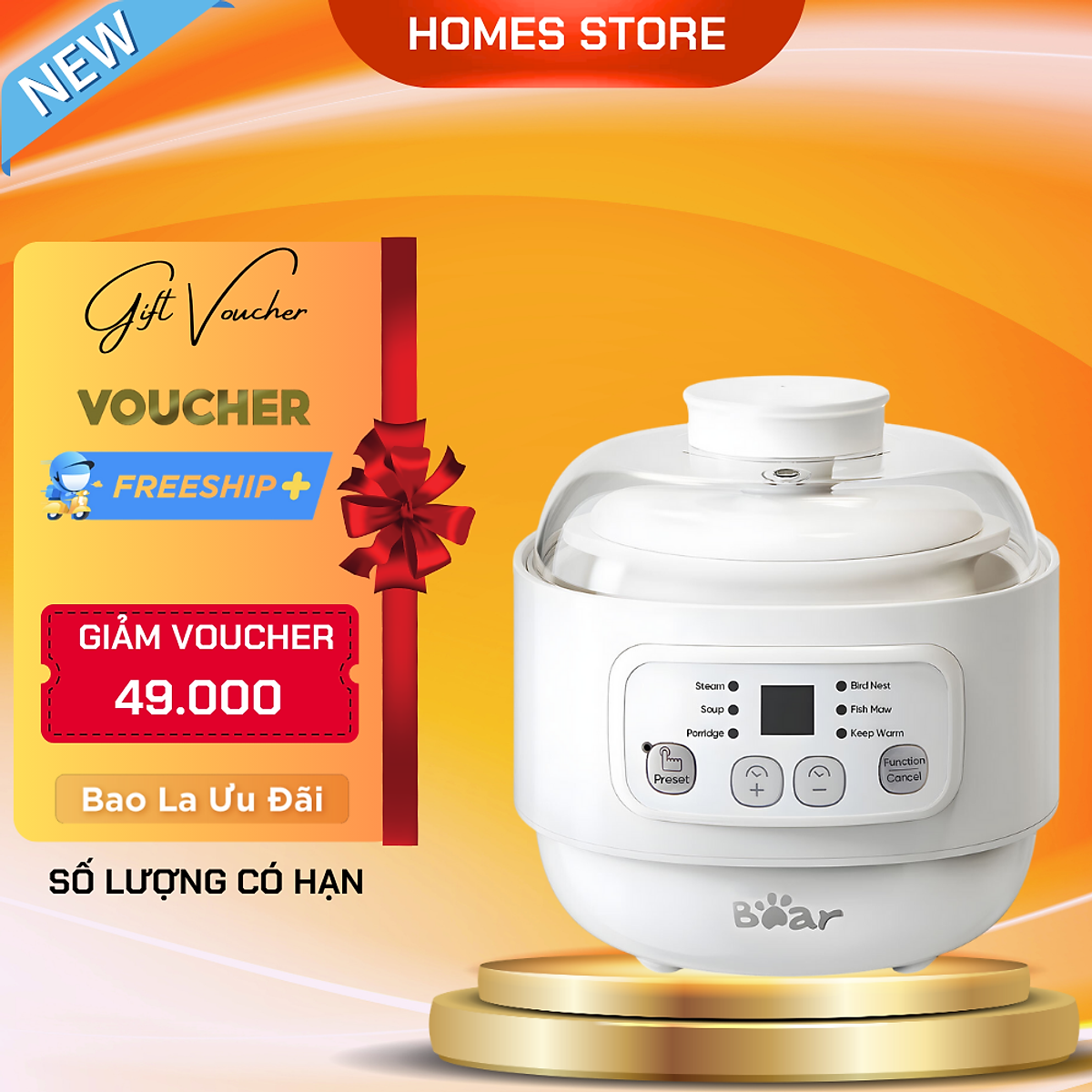 Nồi Chưng Yến Tiềm Thuốc Bắc, Nấu Cháo Bear SUBE002 Gồm 3 Thố Và Khay Hấp Dung Tích 1.6 Lít Công Suất 200 W - Hàng Chính Hãng