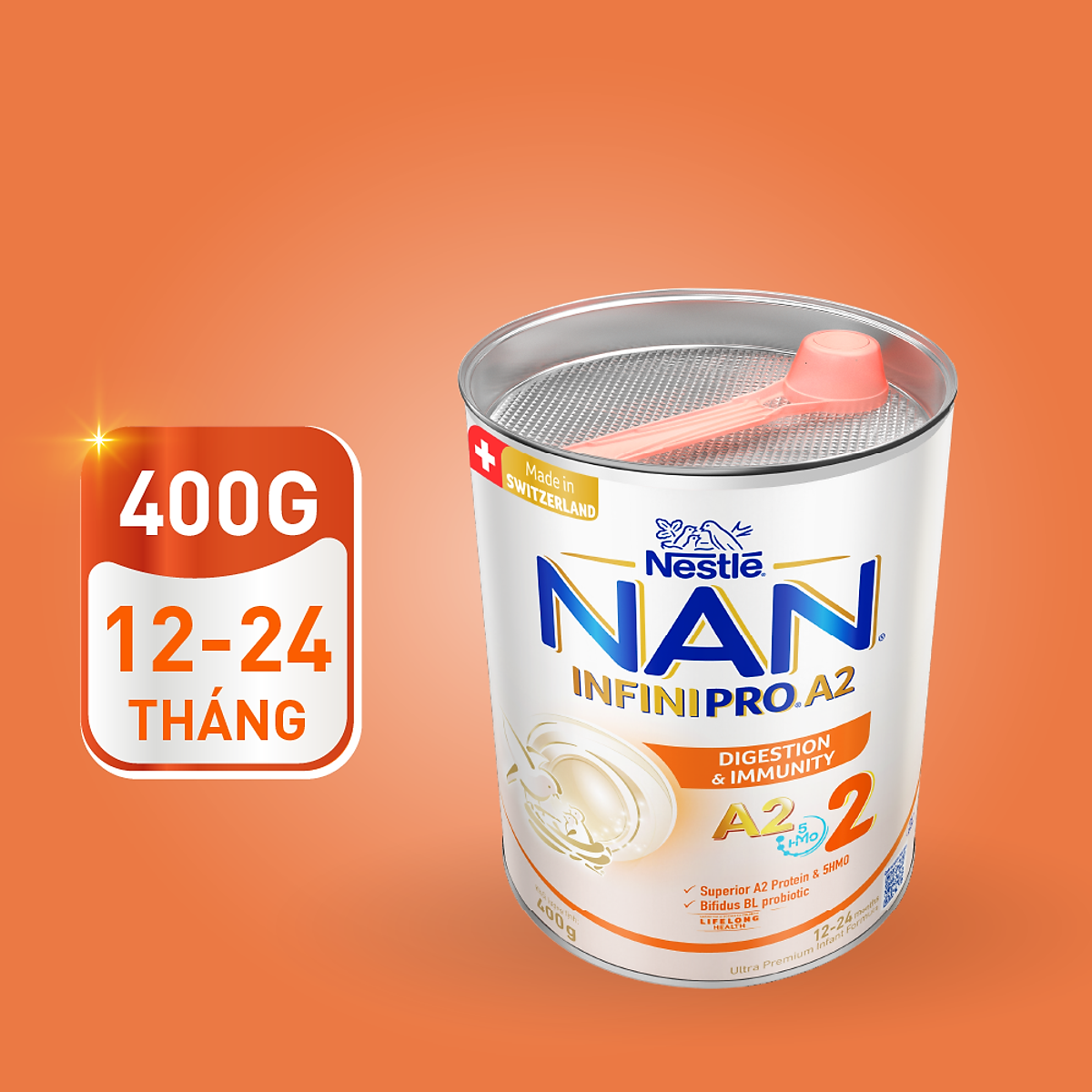 Sữa bột NAN INFINIPRO A2 Thụy Sĩ 2 400g, công thức đầu tiên kết hợp đạm A2 và 5HMO