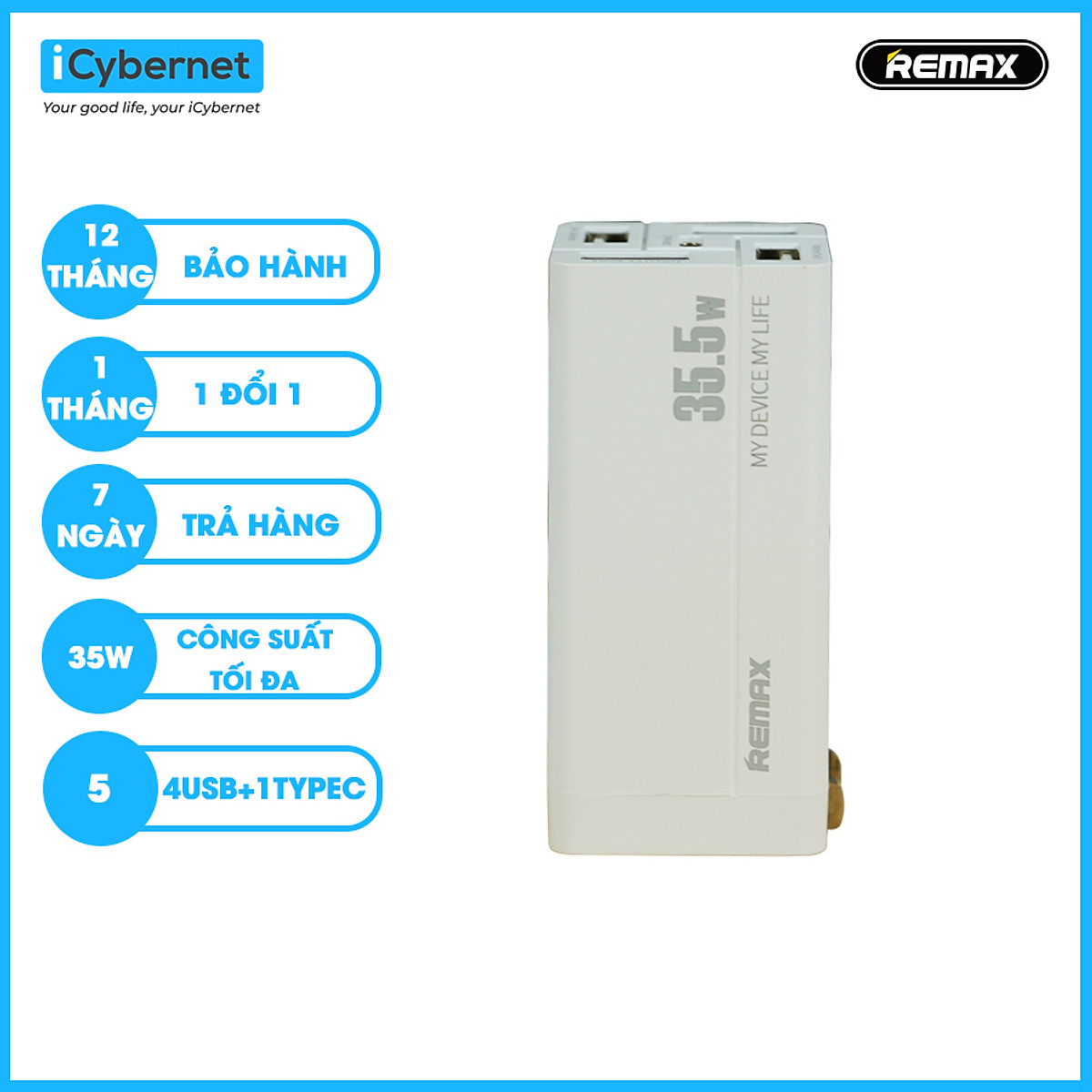 Củ sạc nhanh đa năng 5 cổng Remax RPP-U66 công suất 35.5W (4USB +1 typeC) - Hàng chính hãng