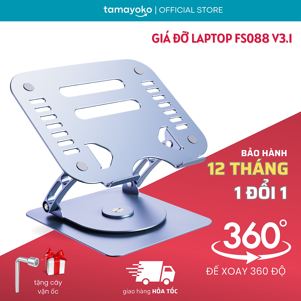 Giá Đỡ Máy Tính, Laptop Chất Liệu Hợp Kim Nhôm Cao Cấp Xoay 360 Độ. Hỗ Trợ Tản Nhiệt Chống Mỏi Cổ, Vai, Gáy Model FS088 V3.1. Hàng Chính Hãng Tamayoko