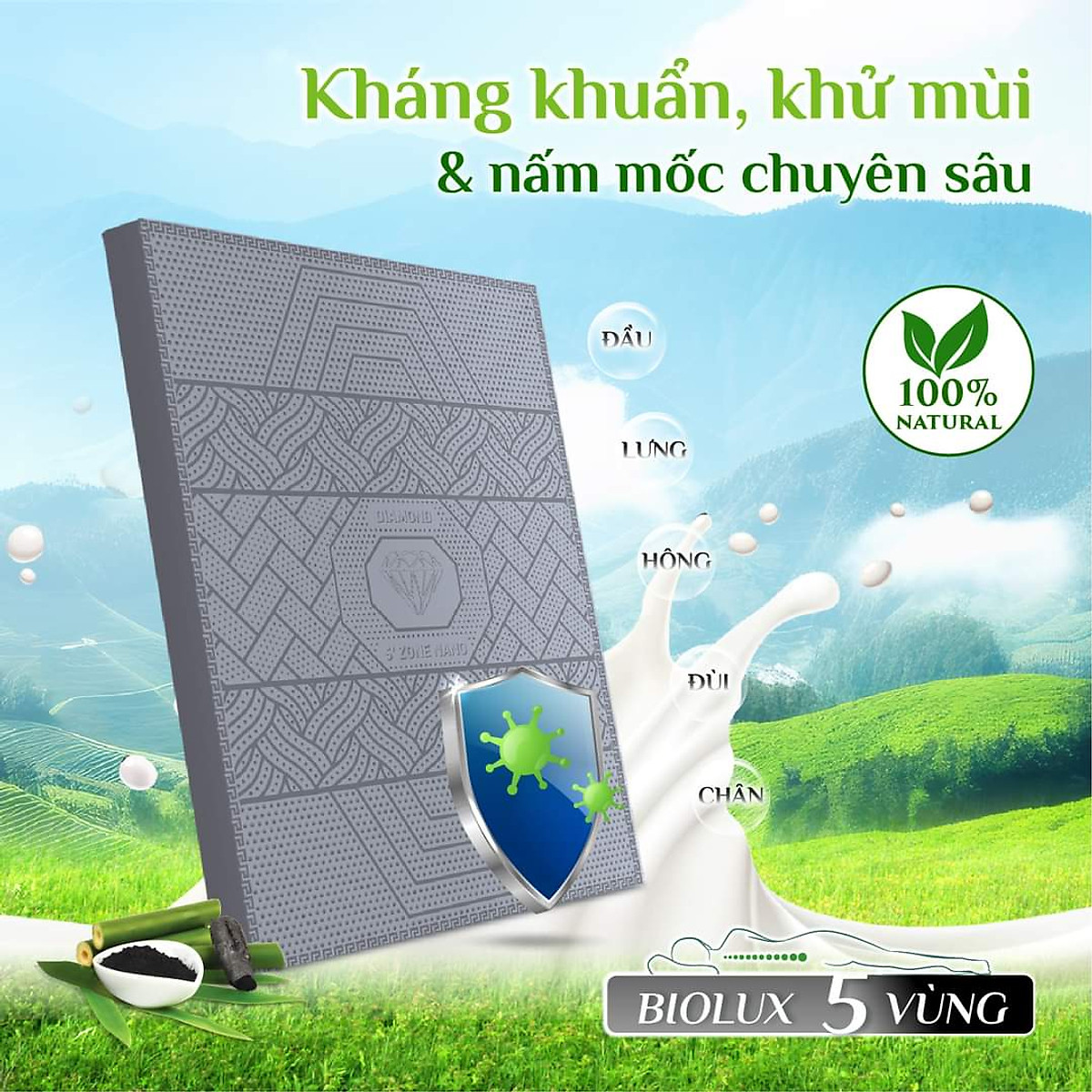 Nệm Cao Su Kim Cương 5Zone Than Hoạt Tính BIOLUX