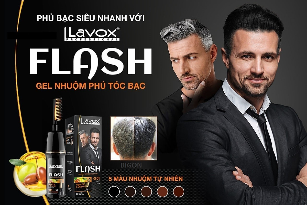 Dầu Gội Nhuộm Tóc Thảo Dược Thiên Nhiên LAVOX FLASH - Phủ Bạc Đen Tóc Ngay Từ Lần Gội Đầu Tiên - Gel Lược Nhuộm Phủ Bạc - G1