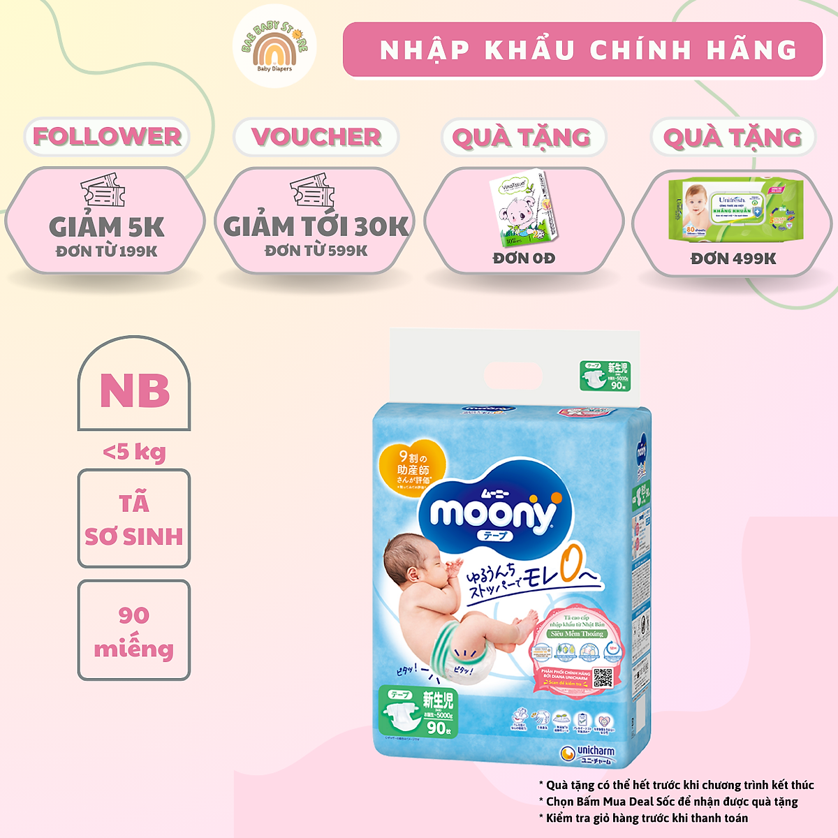 Tã dán sơ sinh Moony Newborn 90 miếng