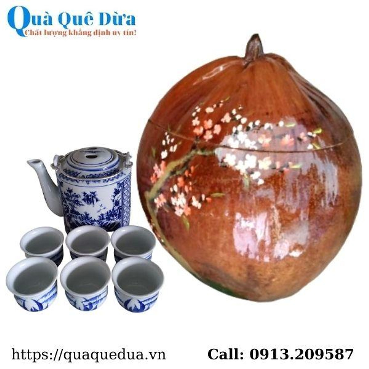 Bình Ủ Trà Trái Dừa Hoa Văn Nhành Đào, Bình Trà 700 - 950ml, Tặng Bộ 6