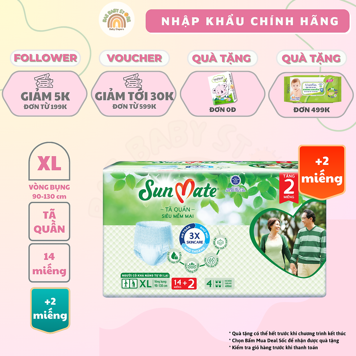Tã quần người lớn SunMate siêu mềm mại mới size M18/L16/XL14 + 2 miếng