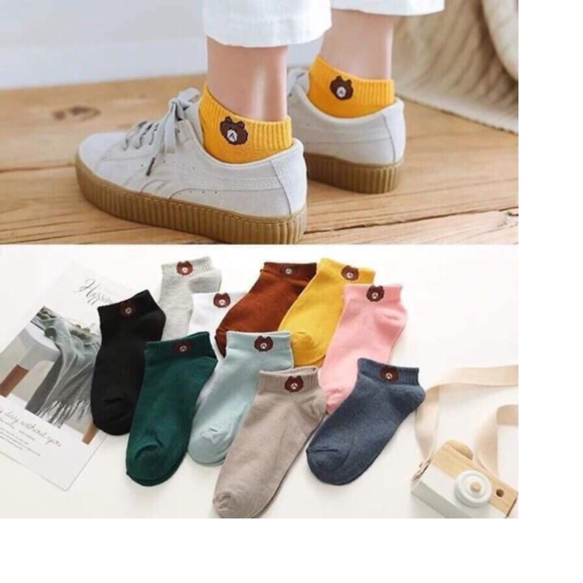 Combo 2 Đôi Tất Gấu Nữ, Cổ Ngắn Chất Dày Dặn Siêu Hot Nhiều Mầu