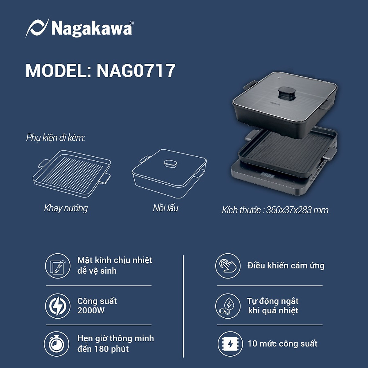 Bếp điện từ đa năng Nagakawa NAG0717 - Kèm nổi lẩu và vỉ nướng chuyên dụng - Hàng chính hãng