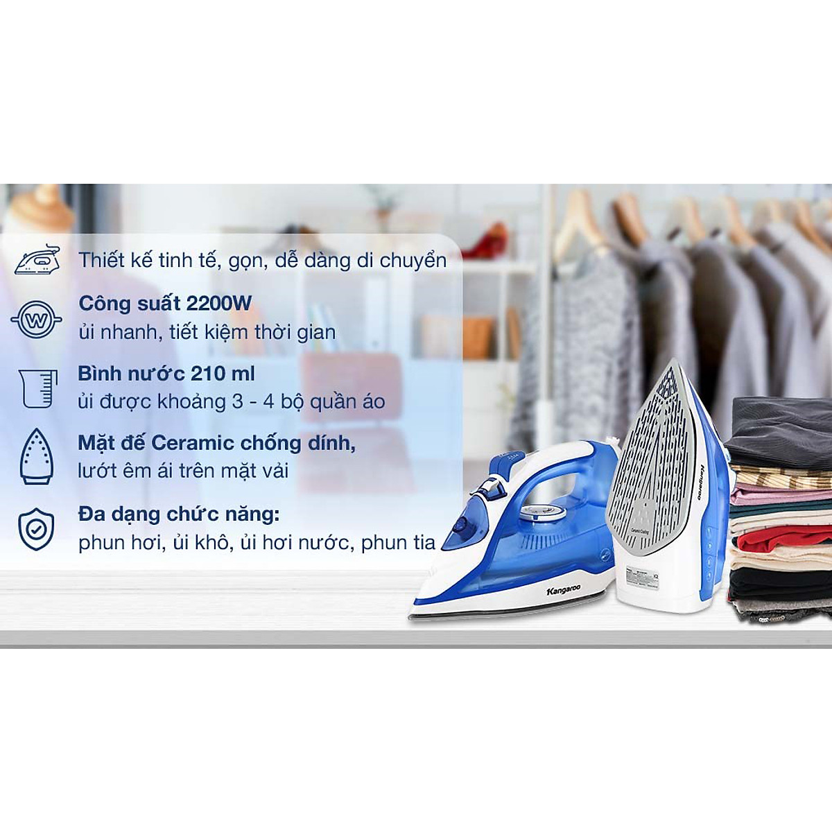 Bàn là hơi nước cầm tay Kangaroo KGSI2200 - Hàng chính hãng