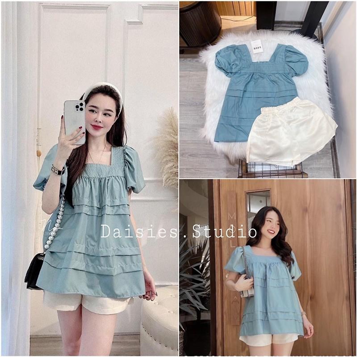 Mua Set Áo Baby Doll Tay Bồng Xanh + Quần Tacta | Tiki