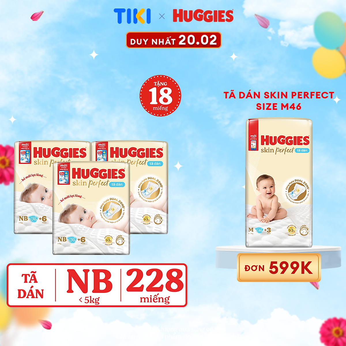 Combo 3 gói Tã/bỉm dán sơ sinh Huggies Skin Perfect NB 70+6 miếng với 2 vùng thấm giảm kích ứng da