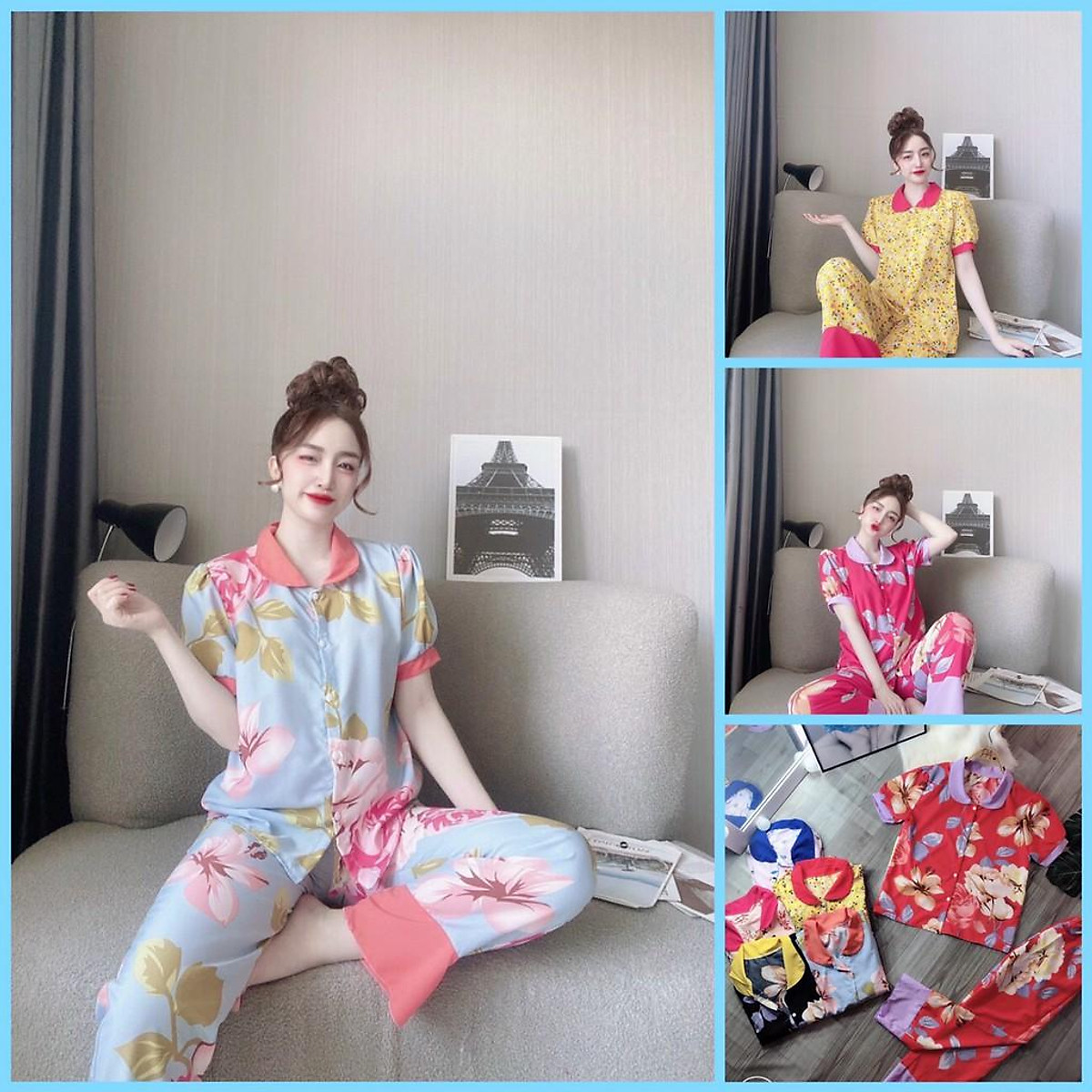 Sét đồ ngủ cổ sen quần dài lụa hàn siêu xinh mặc nhà Đồ bộ freesize giá rẻ