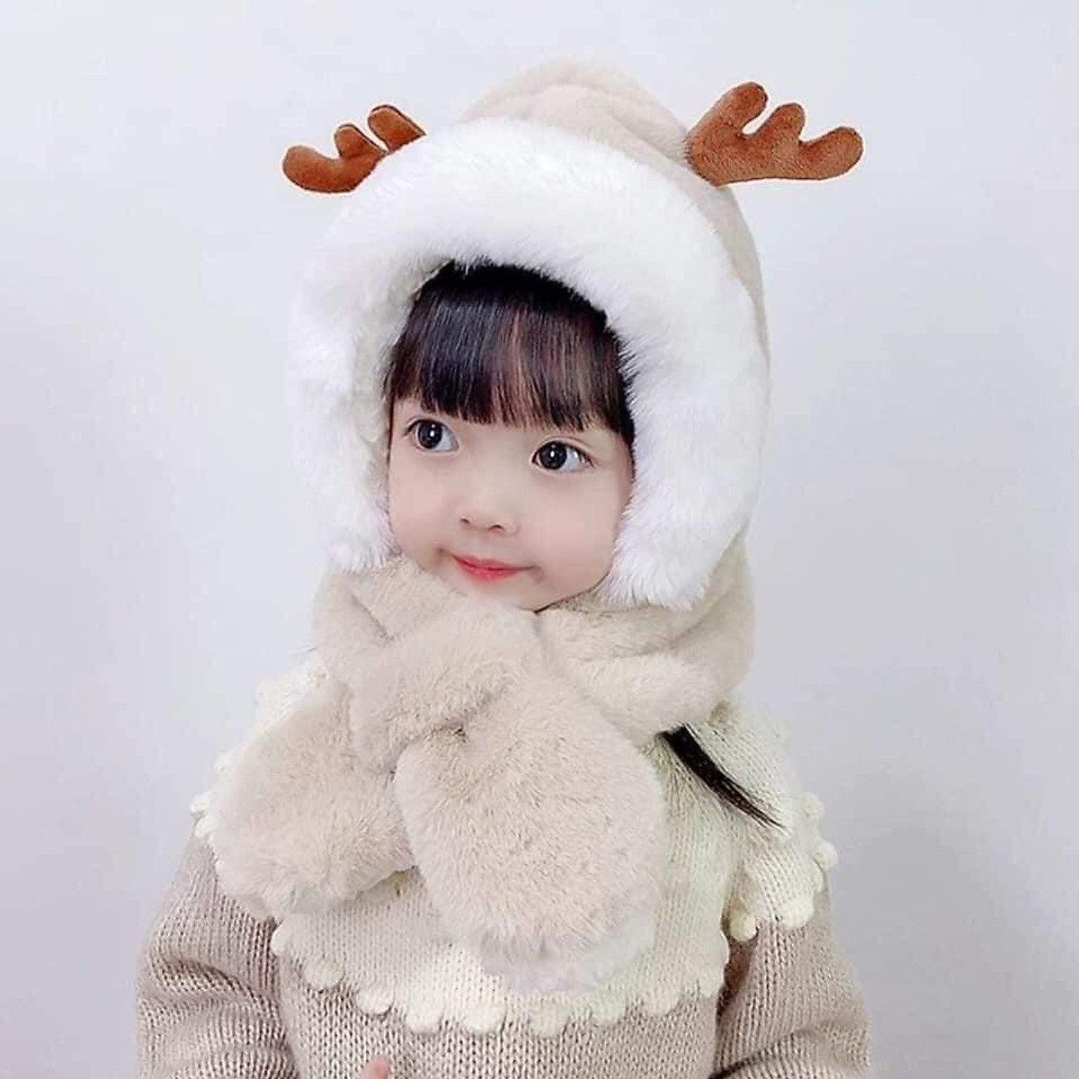 Mũ trẻ em mùa đông lót lông sừng hươu cute nón kèm khăn siêu ấm tai