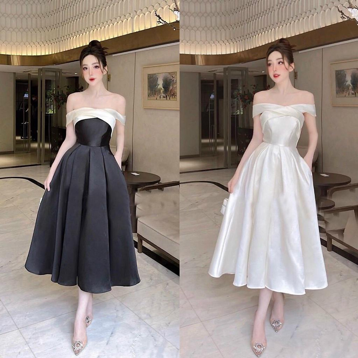 Đầm váy nữ trễ vai đan chéo với 2 màu truyền thống xinh xắn, sang trọng thích hợp cho các nàng đi dự tiệc