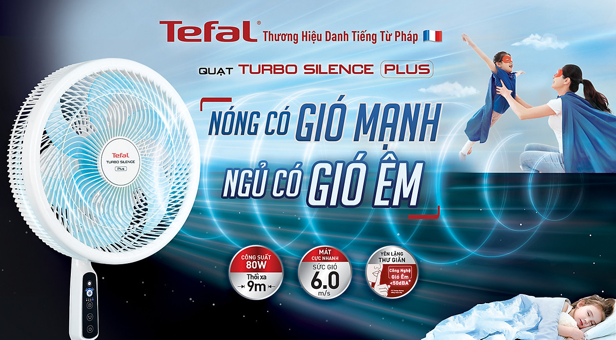 Quạt đứng có điều khiển từ xa Tefal Turbo Silence Plus VH689990 màu trắng cánh xanh - Hàng chính hãng