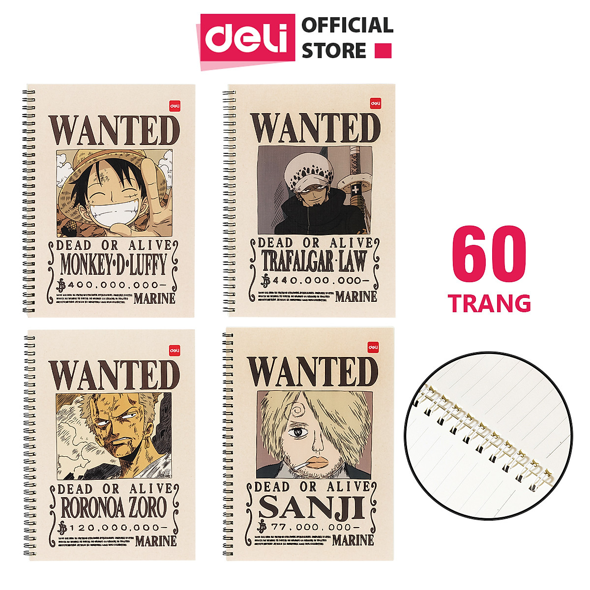 Sổ tay ghi chép gáy xoắn kẻ ngang A5 B5 60 trang hình Vua cướp biển One Piece Deli - Phù hợp học sinh văn phòng - Mẫu ngẫu nhiên - EN004