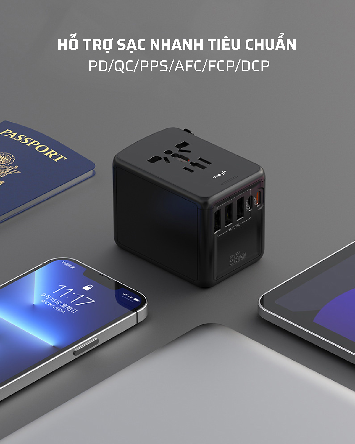Ổ Cắm Điện Đa Năng Du Lịch Quốc Tế Tamayoko 5 Cổng Type-C & USB Cắm Tải 2000W