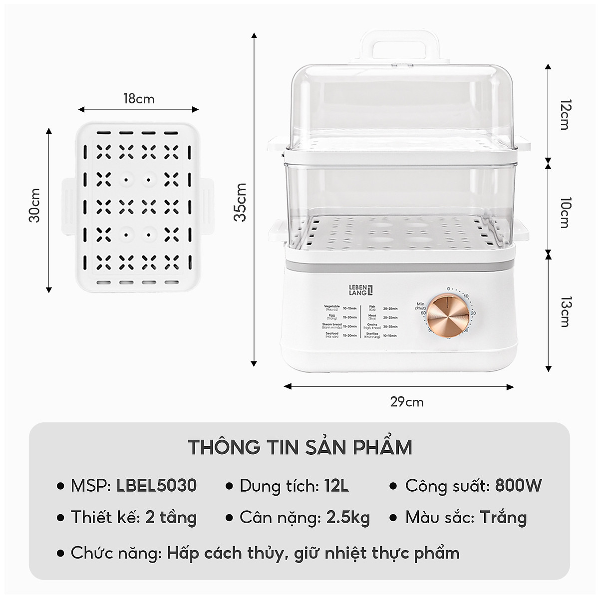 Nồi hấp điện đa năng LEBENLANG LBEL5030 hấp 2 tầng,12L tiện lợi, 800W, bảo hành 2 năm - hàng chính hãng
