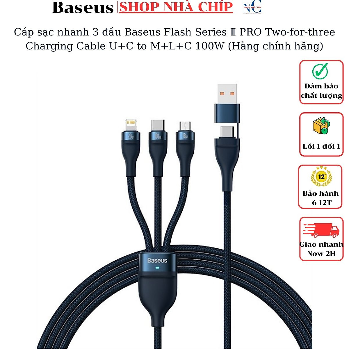 Cáp sạc nhanh 3 đầu Baseus Flash Series Ⅱ PRO Two-for-three Charging Cable U+C to M+L+C 100W (Hàng chính hãng)