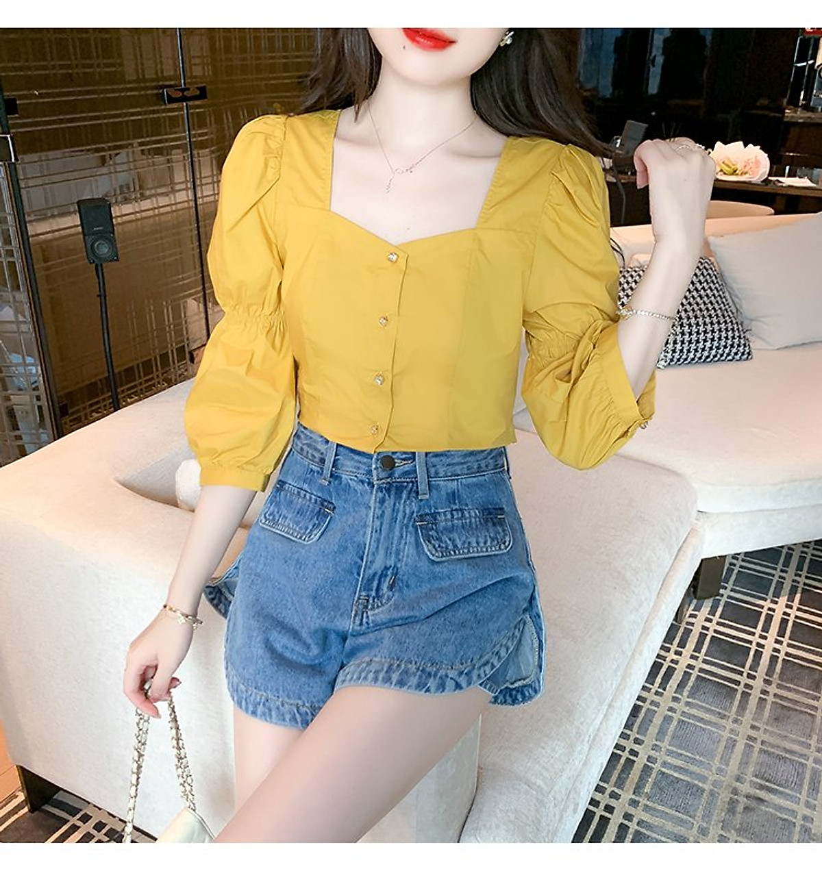 ÁO CỔ VUÔNG TAY NHÚN XINH XẮN - Áo kiểu Áo Cổ Vuông Tay Nhún Xinh Xắn - Áo Kiểu
