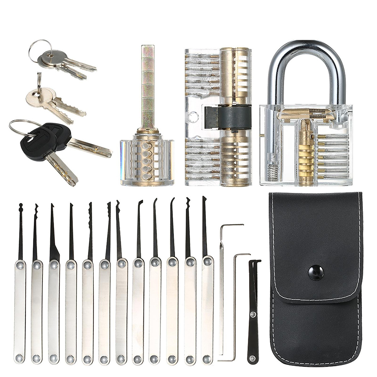 Bộ 15 công cụ mở ổ khóa với 3 ổ khóa trong suốt cho người mới