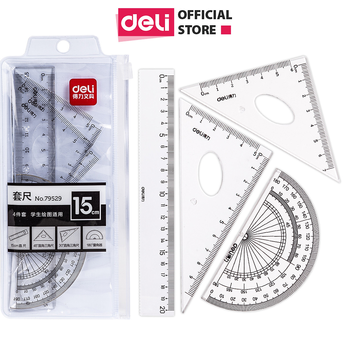 Bộ Thước Kẻ Thước Đo Độ Eke Học Sinh Deli - Bộ Dụng Cụ Học Tập 4 Chiếc - 79529 79530