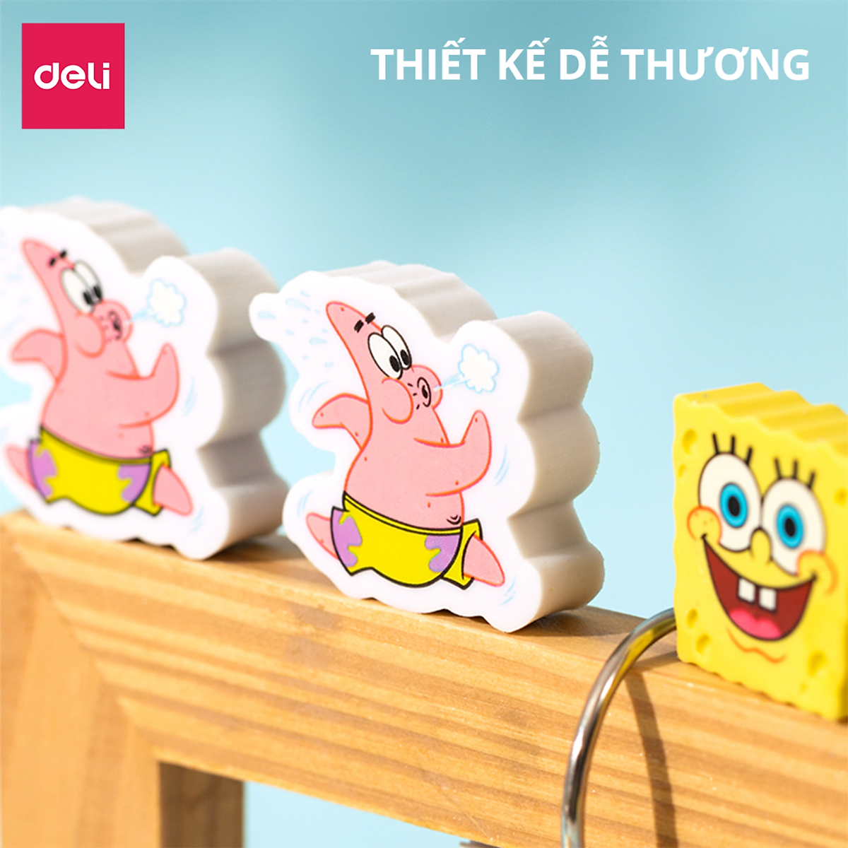 Set 2 Gôm Tẩy SpongeBob Deli Dễ Thương Tẩy Sạch Ít Vụn Không Mòn Giấy Có Hút Vụn Tẩy An Toàn Cho Bé Học Sinh Trẻ Nhỏ Bút