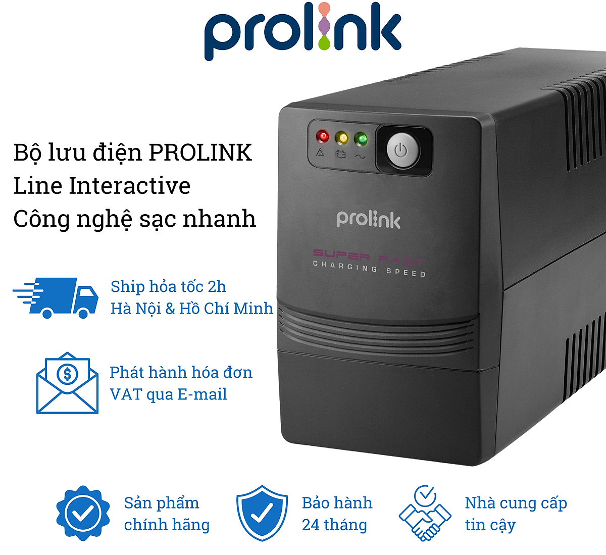 Bộ nguồn cấp điện liên tục UPS PROLINK 650VA (PRO700SFC) Công suất 360W, công nghệ Line Interactive tích hợp bộ AVR, sạc siêu nhanh - Hàng chính hãng